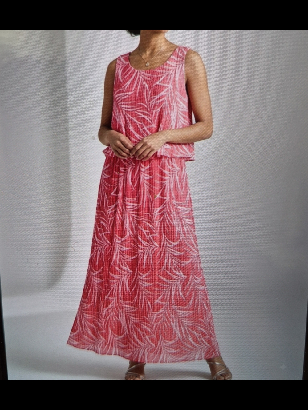 Sleeveless Pink Printed Maxi Skirt Dress with Leaf Motif